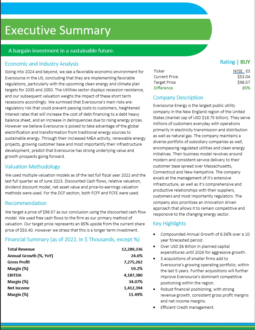 Eversource Energy valuation tearsheet